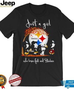 Peanuts just a girl who loves fall and Steelers shirt