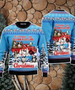 Penguin Riding Red Truck Xmas Merry Christmas Unisex Ugly Sweater