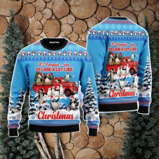 Penguin Riding Red Truck Xmas Merry Christmas Unisex Ugly Sweater