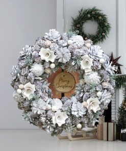 Personalised Frosted Flower and Pinecone Wreath 33cm