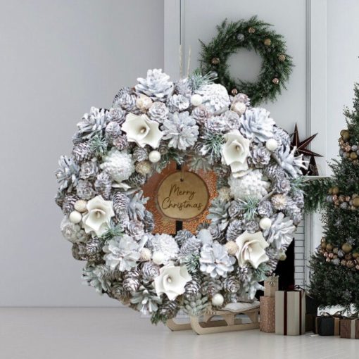 Personalised Frosted Flower and Pinecone Wreath 33cm