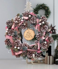 Personalised Luxury Christmas Festive Pink Frosted Wreath 36cm