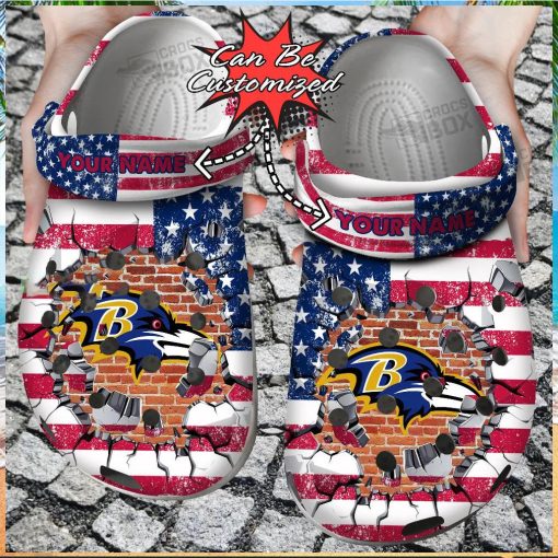 Personalized Baltimore Ravens American Flag Crocs Shoes