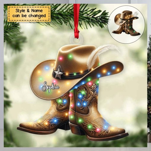 Personalized Boots And Hat Cowboy Flat Personalized Acrylic Christmas Ornament