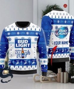 Personalized Bud Light Makes Me High Christmas Ugly Sweater, Christmas Gift Apparel, Merry Ugly Christmas Sweater