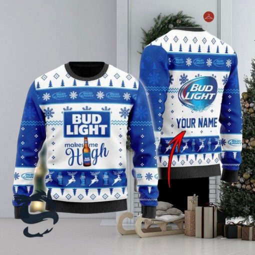 Personalized Bud Light Makes Me High Christmas Ugly Sweater, Christmas Gift Apparel, Merry Ugly Christmas Sweater