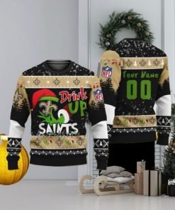 Personalized Name And Number NFL New Orleans Saints Ugly Christmas Sweater Grinch Drink Up Gift For Men And Women