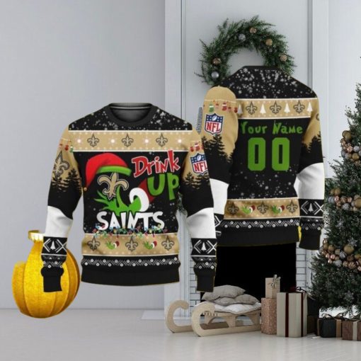 Personalized Name And Number NFL New Orleans Saints Ugly Christmas Sweater Grinch Drink Up Gift For Men And Women