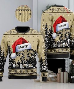 Personalized New Orleans Saint Symbol Wearing Santa Claus Hat Ho Ho Ho Christmas Ugly Sweater Party