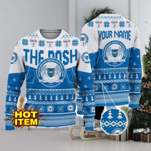 Peterborough United FC Big Logo Custom Name 3D Ugly Christmas Sweater Christmas Gift For Big Fans