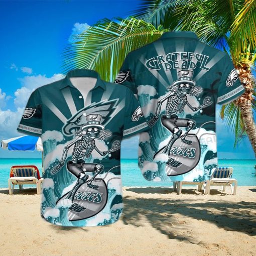 Philadelphia Eagles Grateful Dead Skeleton Surfing Hawaiian Shirt