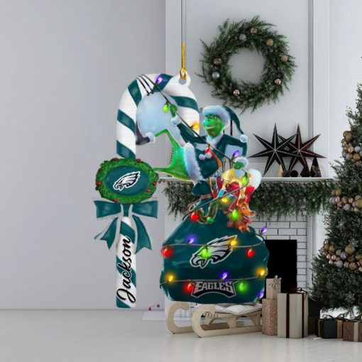 Philadelphia Eagles NFL Custom Name Grinch Candy Cane 2 Side Christmas Ornament