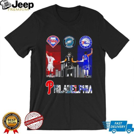 Philadelphia city Philadelphia Phillies Bryce Harper Philadelphia Eagles Jalen Hurts Philadelphia 76ers Joel Embiid signatures logo shirt