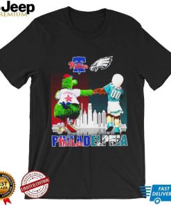 Philadelphia city Philadelphia Phillies and Philadelphia Eagles mascots skyline logo 2023 shirt