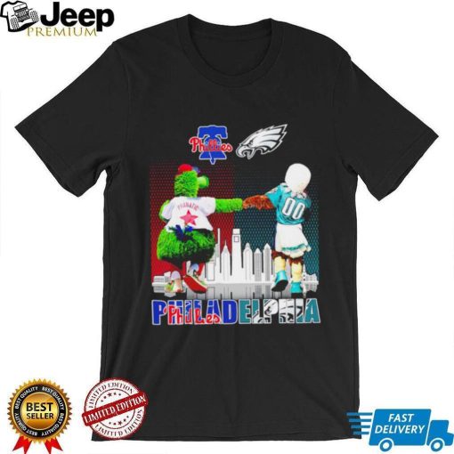 Philadelphia city Philadelphia Phillies and Philadelphia Eagles mascots skyline logo 2023 shirt