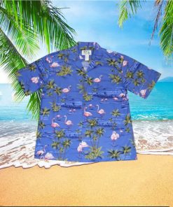 Pink Flamingo Island Blue Cotton Poplin Men's Hawaiian Shirt