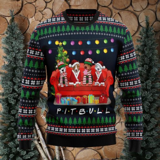 Pit Bull Friends On Red Sofa Ugly Christmas Sweater Thankgiving Gift Men Women