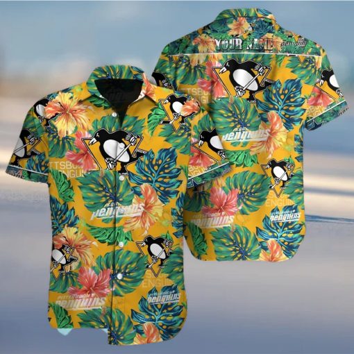 Pittsburgh Penguins NHL Custom Name Flower And Leaf Pattern Tropical Hawaiian Shirt