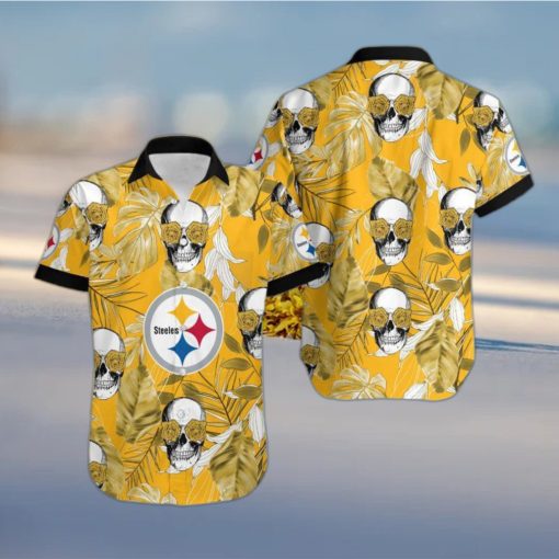 Pittsburgh Steelers Coconut Leaves Skull With Rose Eyes Hawaiian Shirt Gift For Halloween