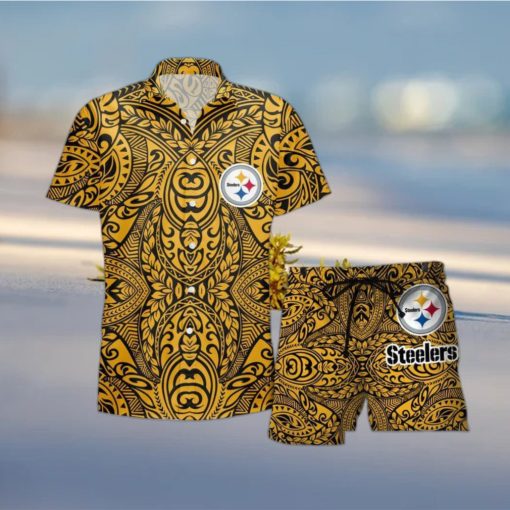 Pittsburgh Steelers Hawaiian Tribal Pattern Set Hawaiian Shirt And Shorts Beach Gift For Fans