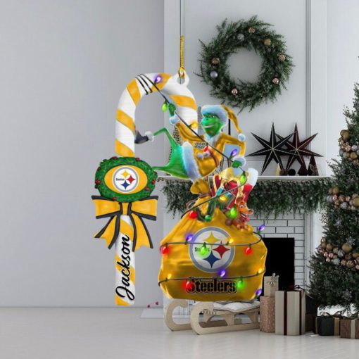 Pittsburgh Steelers NFL Custom Name Grinch Candy Cane 2 Sides Christmas Ornament