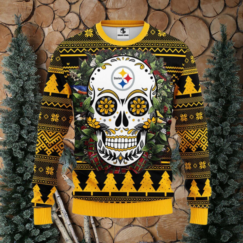 Pittsburgh Steelers Skull Flower Ugly Christmas Ugly Sweater - teejeep