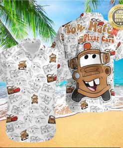 Pixar Cars White Brown Pattern Tow Matter Disney Hawaiian Shirt