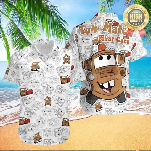 Pixar Cars White Brown Pattern Tow Matter Disney Hawaiian Shirt