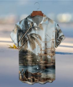 Plus Size Mens Hawaiian Coconut Tree Landscape Print Button Down Chest Pocket Shirt  Casual Lapel Summer Shirts Holiday Shirts