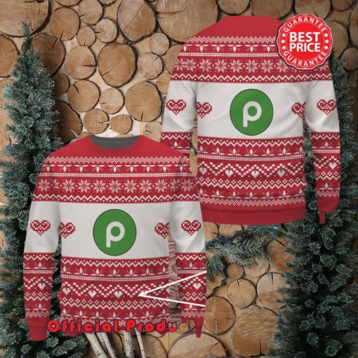 Publix Red White Design Logo Snowflake Heart Ugly Christmas Sweater