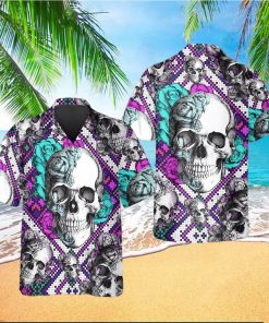 Purple And Teal Aztec Rose Skull Hawaiian Shirt