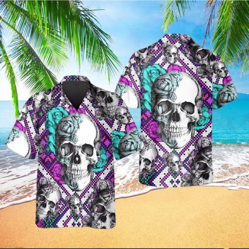 Purple And Teal Aztec Rose Skull Hawaiian Shirt