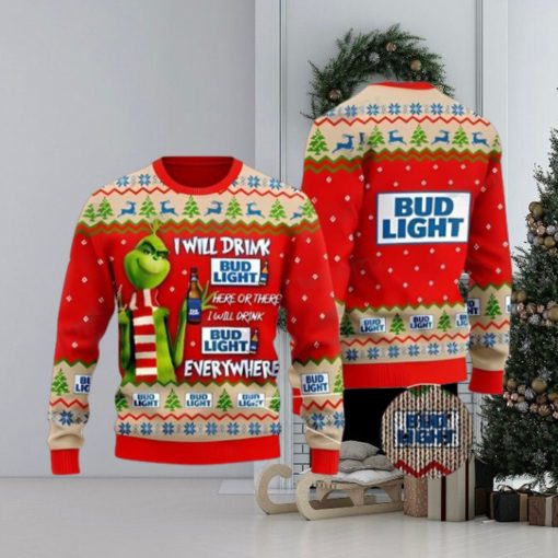 Bud Light Grinch Ugly Beer Ugly Christmas Sweater Xmas 3D Printed Christmas Sweater Gift