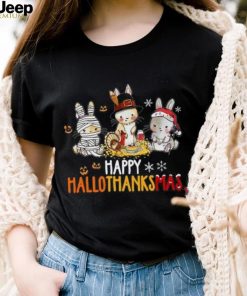 Rabbit Halloween And Merry Christmas Happy Hallothanksmas TShirt