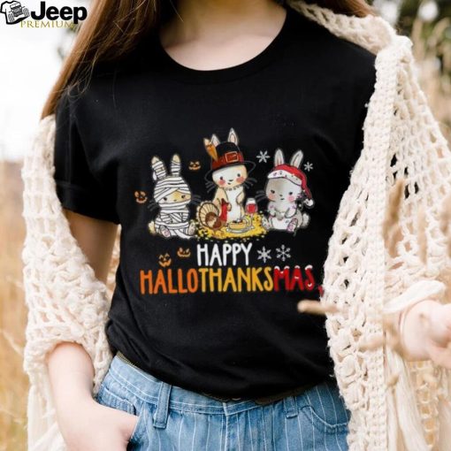 Rabbit Halloween And Merry Christmas Happy Hallothanksmas TShirt