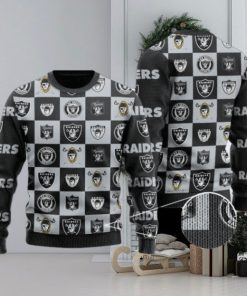 Raiders Logo Checkered Flannel Design Knitted Ugly Christmas Sweater