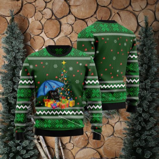 Rain With Love Black Cat And Umbrella Ugly Christmas 3D Sweater Gift For Christmas