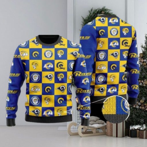 Rams Logo Checkered Flannel Design Knitted Ugly Christmas Sweater