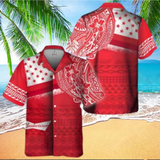 Red Aloha Budweiser Beer Hawaiian Shirt Polynesian Pattern