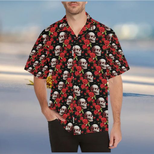 Red Rose Skull Design Print Hawaiian Shirt