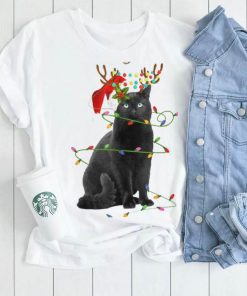 Reindeer Black Cat Christmas Lights Funny Cat Lover Pajama Shirt