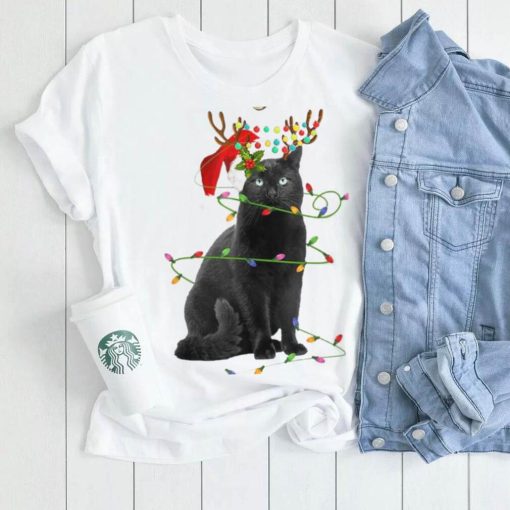 Reindeer Black Cat Christmas Lights Funny Cat Lover Pajama Shirt