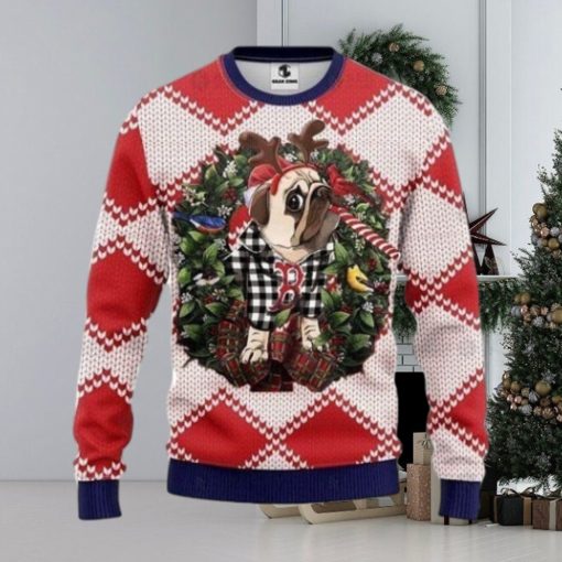 Reindeer Pug Dog Boston Red Sox Christmas Ugly Sweater