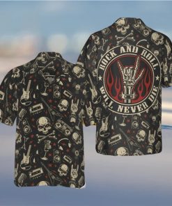 Rock And Roll Will Never Die Hawaiian Shirt Electric Guitar Skull And Crossbones Apparel Men’s Gift Halloween