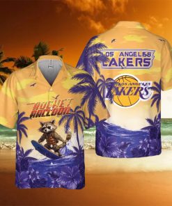 Rocket Raccoon And Los Angeles Lakers Hawaiian Shirt Gift For NBA Fans