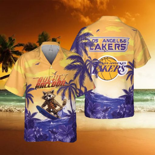 Rocket Raccoon And Los Angeles Lakers Hawaiian Shirt Gift For NBA Fans