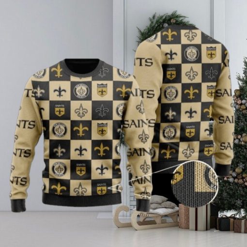 Saints Logo Checkered Flannel Design Knitted Ugly Christmas Sweater