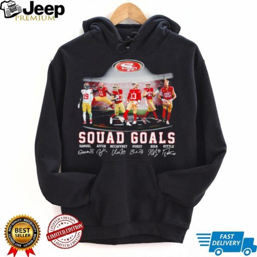 San Francisco 49ers football squad goals Samuel Aiyuk McCaffrey Purdy Bosa Kittle signatures shirt