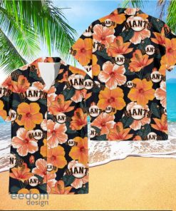 San Francisco Giants Orange Hibiscus Dark Green Leaf Black Background 3D Hawaiian Shirt Gift For Fans