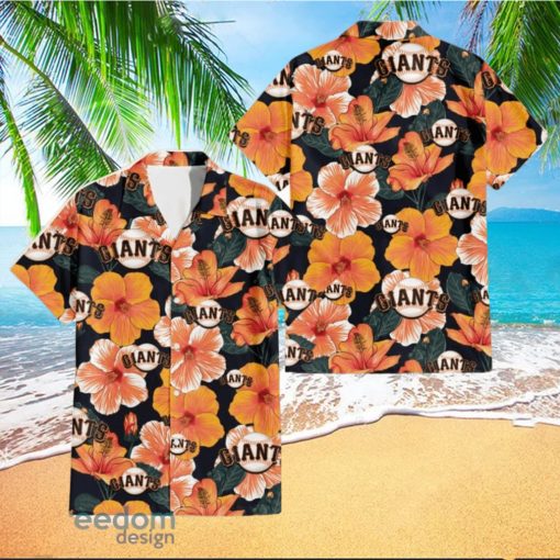 San Francisco Giants Orange Hibiscus Dark Green Leaf Black Background 3D Hawaiian Shirt Gift For Fans